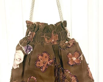 Vintage 1960s Marisol Brador Silk Beaded Evening Bag, Brown Floral Drawstring Pouch Purse NWOT