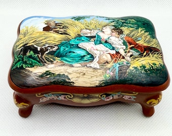 Vintage Hand Painted Trinket Box – Boucher Rococo “The Surprised Lovers”