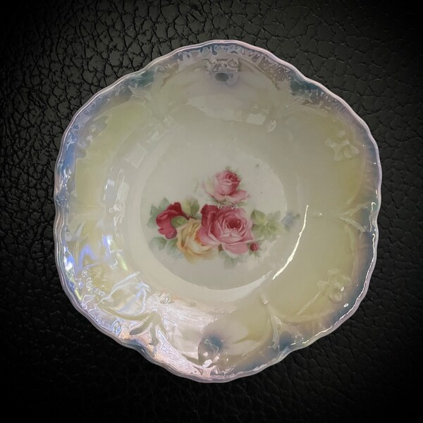 Antique German Porcelain Bowl Signed Pink Roses Lusterware