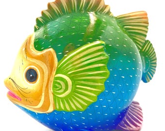 Vintage Tonala Mexican Pottery Fish Signed J.M.M. Hand Painted Glossy 8"