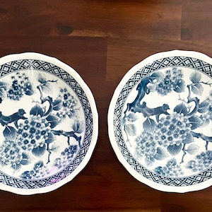 Vintage ASIAN Blue Porcelain Cherry Blossom Branch Scalloped 8” Soup Bowl - Rare