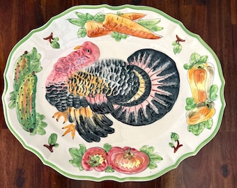 Vintage Italian Majolica Turkey Platter – Hand-Painted Harvest Pottery