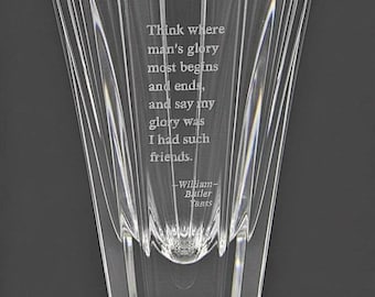 Vintage Orrefors Corona Crystal Vase by Lars Hellsten, Etched WB Yeats Friendship Quote, Signed Sweden 5.75"