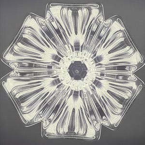 Op de afbeelding: Een helder, glazen decoratief object met een bloemachtig ontwerp. Het object heeft zes bloemblad-vormige secties die uitstralen vanuit een centrale zeshoekige kern. Het glas heeft een getextureerd, geribbeld patroon, waardoor een spel van licht en schaduw ontstaat. De algehele vorm is symmetrisch en elegant.
