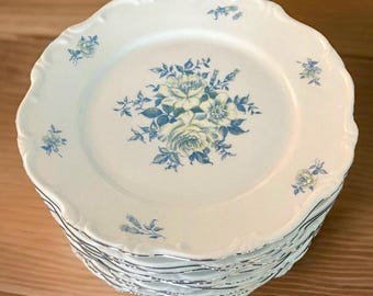 Vintage Hertel Jacob Germany Barcelona 10 Inch Dinner Plates, Blue Floral Bavarian Porcelain, Set of 10