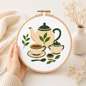 Tea Time Cross Stitch Pattern, Tea Pot Embroidery Design, Cottagecore Needlepoint PDF, Counted Cross Stitch Chart, Tea Lover Gif A012