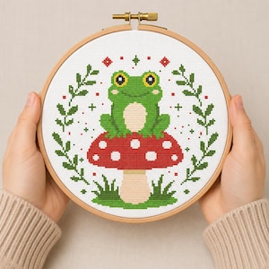 Frog Cross Stitch Pattern PDF, Cute Frog on Mushroom, Woodland Cross Stitch, Kawaii Frog Embroidery, Pattern Keeper A001