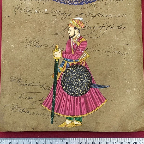 buy old stamp paper online Vintage Jaipur Maharaja Portrait Miniature Painting, Watercolor Ethnic Art Intricate and Exquisite Finest Work, Old Stamp Paper Home Décor