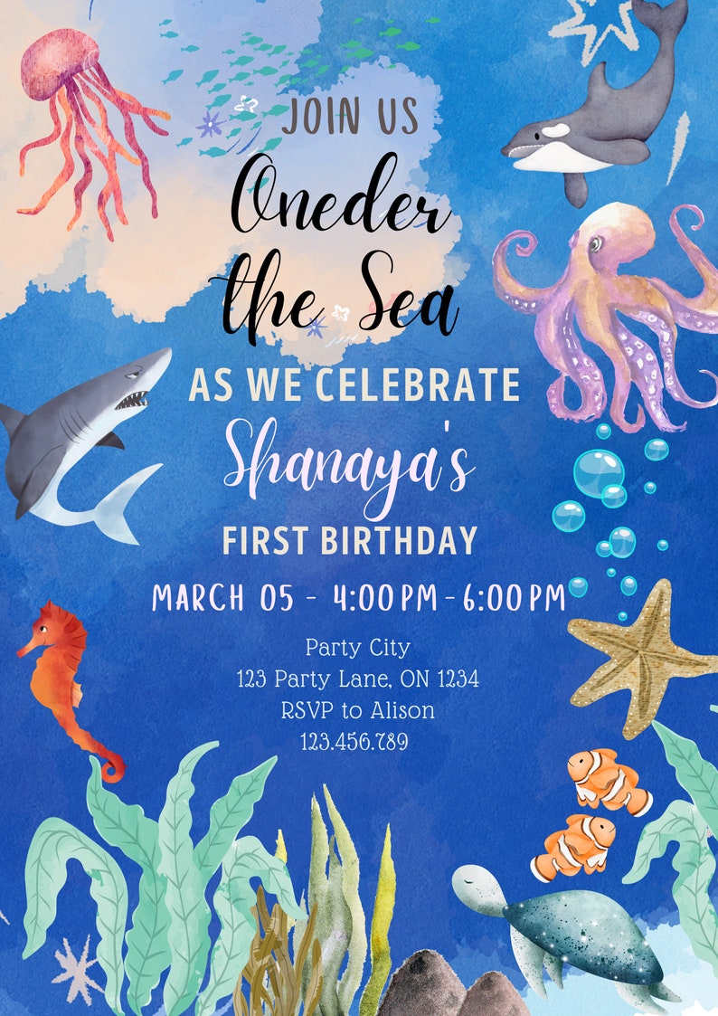 Editable Underwater Water Animals Fishes Marine Invitation Birthday ...