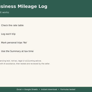 K&ouml;nnte beinhalten: Eine digitale Vorlage f&uuml;r ein gesch&auml;ftliches Fahrtenbuch mit dunkelgr&uuml;ner Kopf- und Fu&szlig;zeile. Der Text lautet: Business Mileage Log, How it works, 1 Check the rate table, 2 Log each trip, 3 Mark personal trips 'No', 4 Use the Summary at tax time.