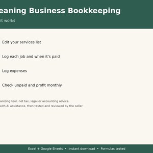 May include: A digital bookkeeping template for cleaning businesses with a dark green header and cream background. It lists four steps: edit services, log jobs and payments, log expenses, and check profit. Includes text about AI assistance and software compatibility.