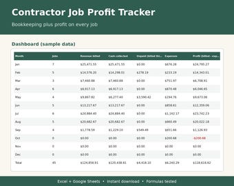 May include: A digital Contractor Job Profit Tracker spreadsheet template with a dark green header. The table displays monthly financial data including jobs, revenue billed, cash collected, unpaid amounts, expenses, and profit totals.