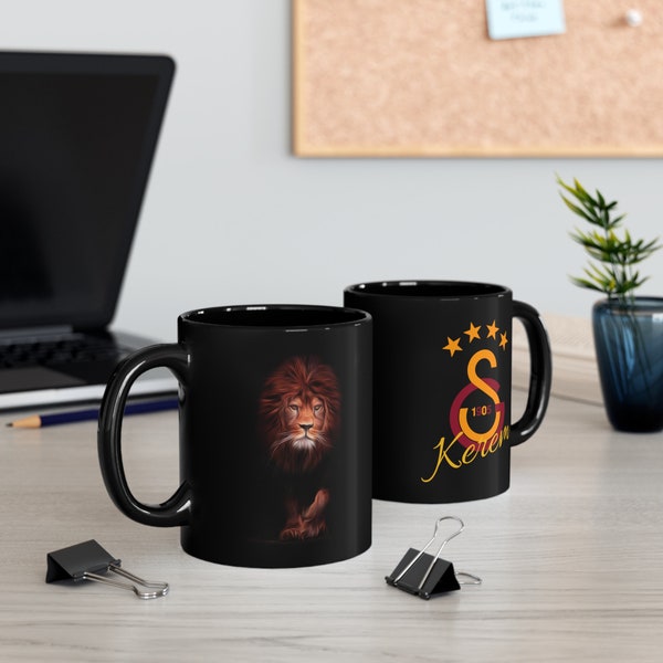 Namenstasse mit Galatasaray Logo, Geschenk, schwarze Keramiktasse, personalisierte Tasse, Isimli Kupa