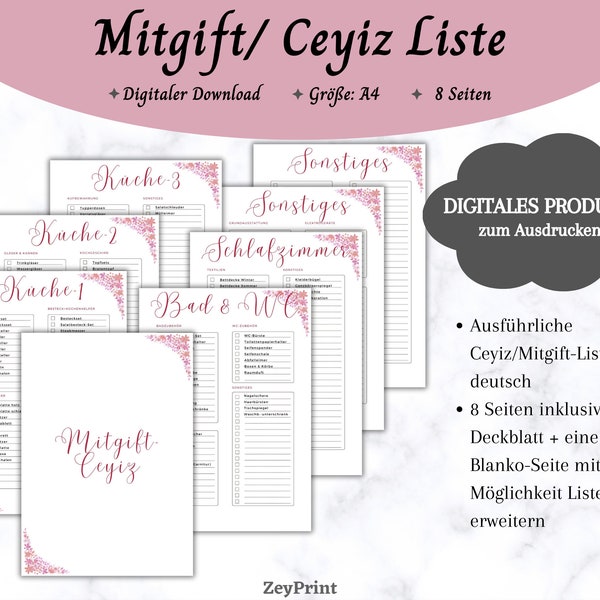 Ceyiz-Liste/ Mitgift-Liste auf deutsch (Küche, Bad&Wc, Schlafzimmer)-DIGITALER DOWNLOAD DIN A4