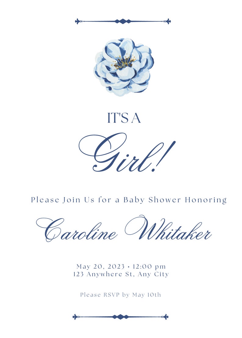 Blue White Floral Baby Shower Invitation Etsy