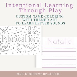 Dos páginas para colorear con nombres personalizados y letras para aprender a escribir / Actividad preescolar en casa / Práctica de nombres personalizados con objetos temáticos