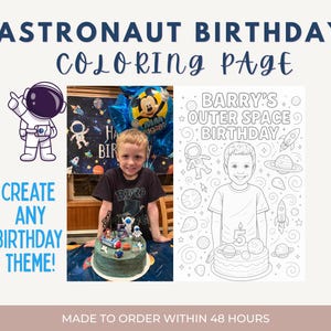 Custom Astronaut Birthday Coloring Page – Personalized Photo & Name Printable, Kids Outer Space Party Activity, Digital Download