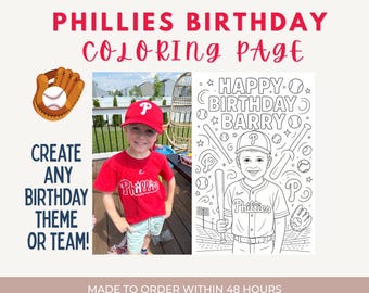 Custom Phillies Birthday Coloring Page – Personalized Photo & Name Printable, MLB Party Activity Digital Download