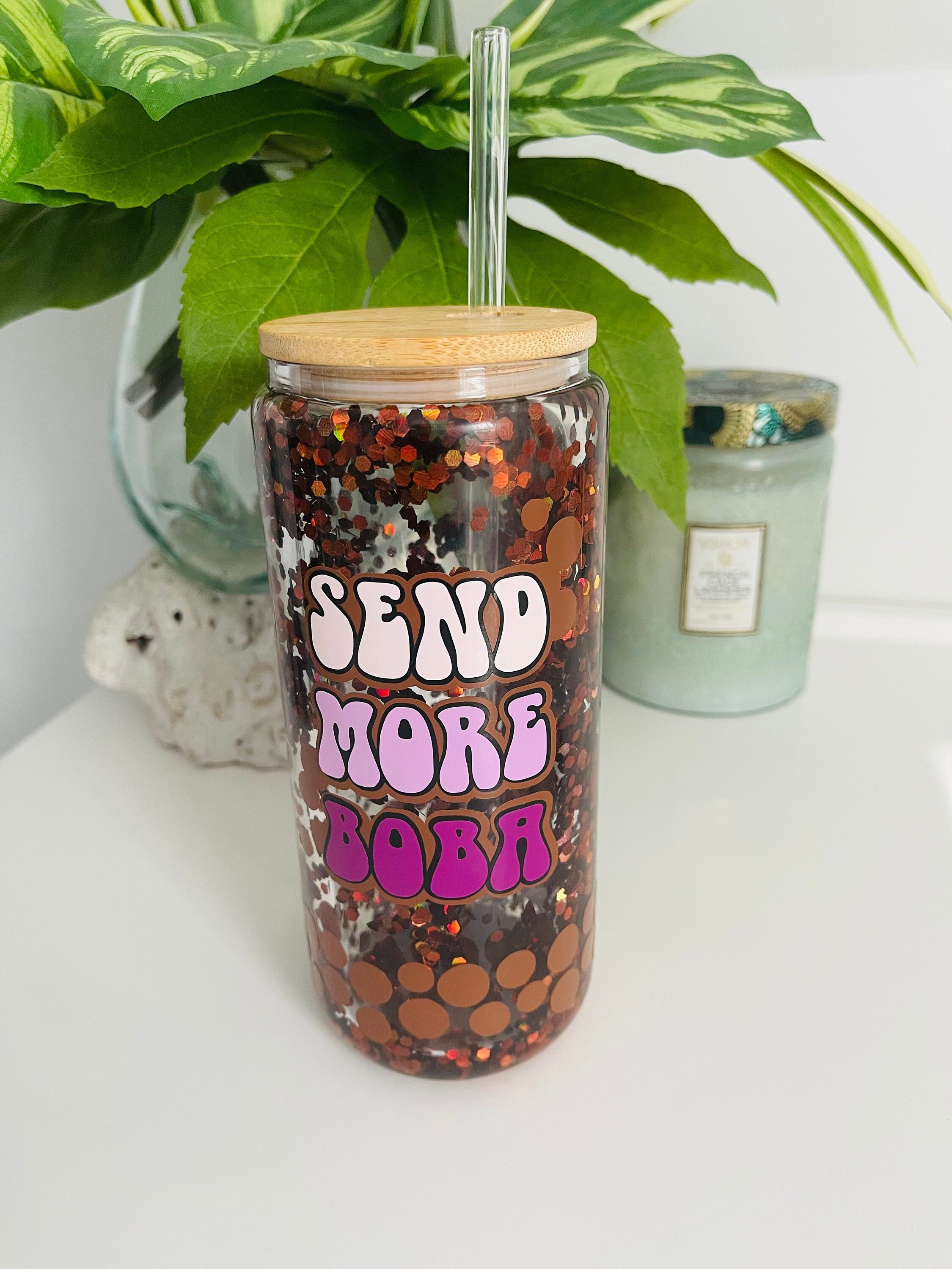 Send More Boba Can Glass Cup – Queen Bee Soiree