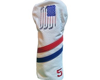 T-shirt de golf en cuir, style rétro, style rétro, drapeau américain, 5 bois