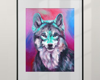 Wolf print from painting Wolf wall art decor Colorful wolf lover gift Wildlife artwork poster Animal picture UNFRAMED