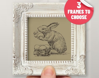 Vintage rabbit print with frame Bunny sketch picture room decor Rabbit artwork animal miniatures Framed bunny art Gift for animal lovers