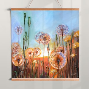 Art Print Landscape, Original Acrylic Landscape Printing, Dandelions at sunset, Dandelions Bask in the Warmth of a Sunset, Golden Dreams