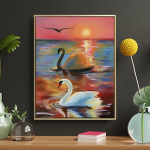 Swans painting on canvas Swans wall art decor Original swans lover gift Hand painted wildlife artwork Bird painting UNFRAMED