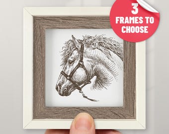 May include: A black and white line drawing of a horse's head in a halter, framed in a white frame with a brown wood-look mat.