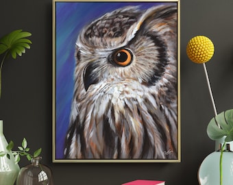 Owl painting on canvas Owl wall art decor Original owl lover gift Hand painted wildlife artwork Bird painting UNFRAMED