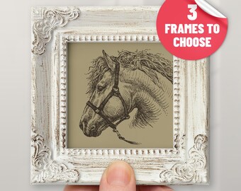 May include: A black and white line drawing of a horse's head with a halter on, set against a brown background. The drawing is framed in a white, distressed wood frame.