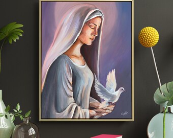 Realistic Virgin Mary Acrylic Painting on Canvas Original Mary Wall Decor Hand Painted Bible Artwork Gift for Christian Lovers