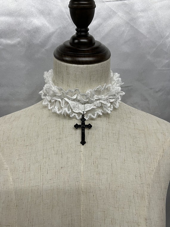 Handmade Lace Collar Choker, Gothic Cross Pendant Neckband