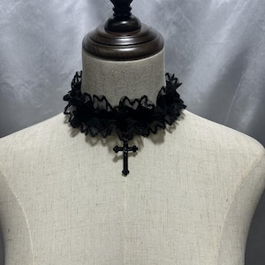 Handmade Lace Collar Choker, Gothic Cross Pendant Neckband Black