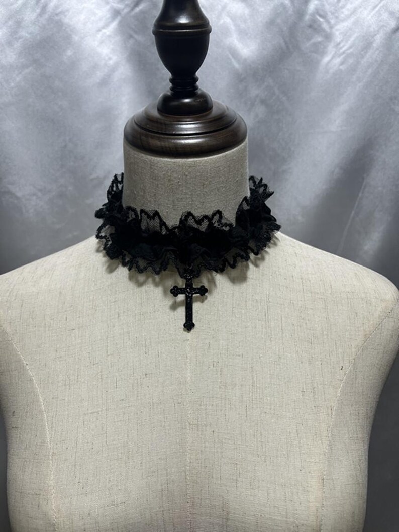 Handmade Lace Collar Choker, Gothic Cross Pendant Neckband Black