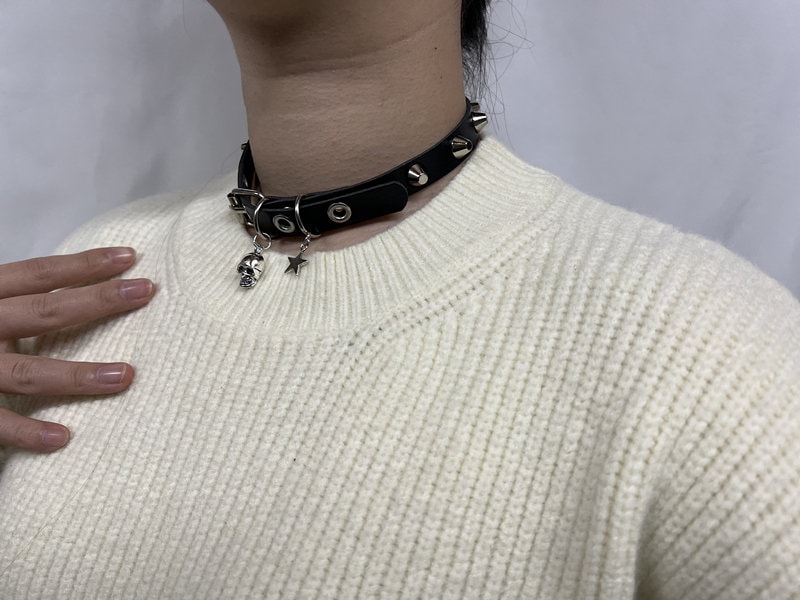 Handmade Punk Leather Choker: Rivet Collar with Skull & Star Pendant
