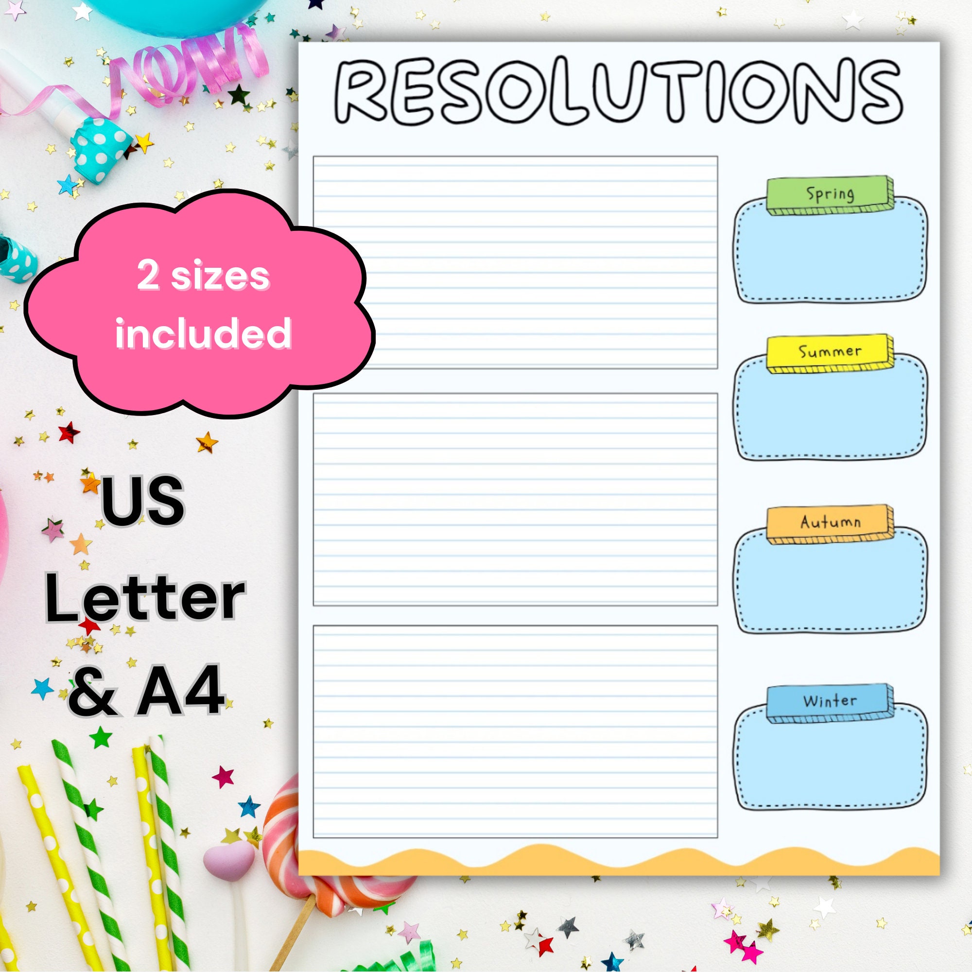 Printable Whimsical Kawaii New Year's Resolution Tracker With Seasonal ...