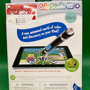 May include: A Crayola ColorStudio HD+ box with a digital stylus and iPad app. The box features the text "A new animated world of color and discovery on your iPad!" and a sticker that says "new!" and "More pictures! More magic!"