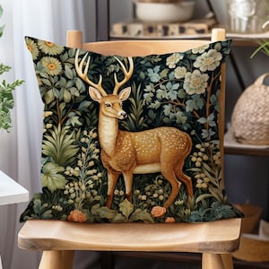 Whimsical Deer Pillow Vintage Forest William Morris-Inspired Decorative Cushion Botanical Woodland Home Decor Gift for Women INSERT INCLUDED