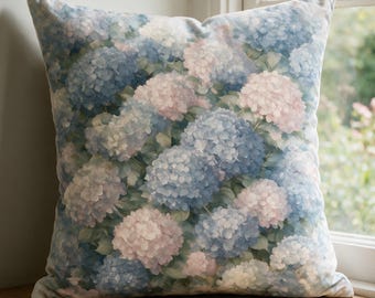 Hydrangea Pillow, Botanical Cottagecore Throw Pillow for Sofa, Bed and Guest Room