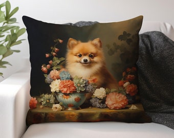 Pomeranian Dog Pillow, Victorian Floral Still Life Cushion