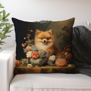 Almohada decorativa para perros Pomerania, cojín de bodegón floral victoriano, almohada de acento de cachorro lindo Cottagecore vintage, INSERTO INCLUIDO