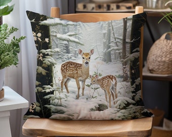 Winter Fawn Pillow, Snowy Forest Scene, Christmas Decor (Pillow Included)