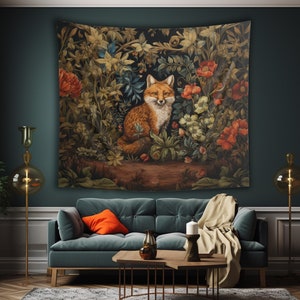 Vintage Fox Wall Tapestry, Botanical Forest Indoor Tapestry, Moody Woodland Floral Home Decor, William Morris Inspired Home Office Art