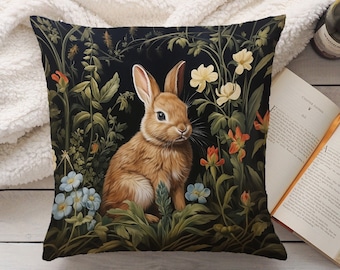 May include: A brown rabbit sits in a field of green and yellow flowers. The rabbit is surrounded by lush foliage and wildflowers, creating a whimsical and enchanting scene. The background is a dark blue, adding depth and contrast to the image.