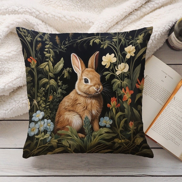 Forest Bunny Pillow,  Woodland Rabbit Cushion, Moody Victorian Flowers, Botanical Accent Pillow, Cottagecore Home Decor, INSERT INCLUDED