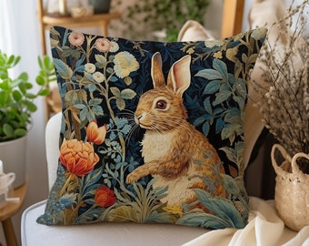 Vintage Rabbit Pillow William Morris Inspired Cushion Forest Bunny Floral Garden Retro Farmhouse Home Decor Easter Gift INSERT INCLUDED