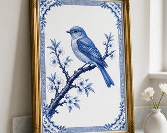 Chinoiserie Print, Blue and White Wall Art Poster, Bluebird Plum Blossom Botanical Art