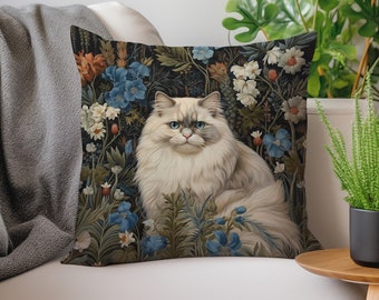 Ragdoll Cat William Morris Kussen, Wit met Blauwe Ogen, Floral Forest Vintage Design, Kussen & Cover, Unieke Home Décor, Perfect Cadeau