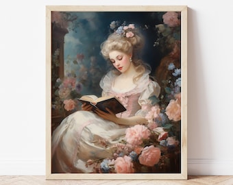 May include: A painting of a woman in a white dress and pink bodice reading a book in a garden setting. She is surrounded by pink and blue flowers.